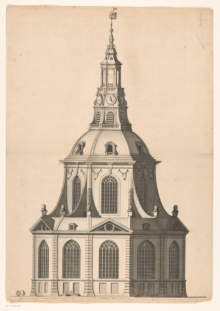 Voor- en zijaanzicht van een koepelkerk voor op de Botermarkt te Amsterdam (c. 1700 - 1705) by Daniël Stopendaal and…