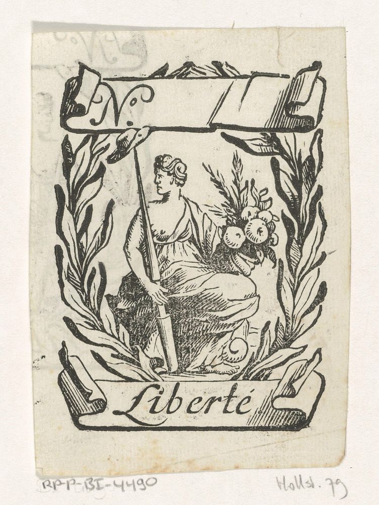 Handelsetiket met Vrijheid die een lans vasthoudt (c. 1681 - 1740) by Isaac Vincentsz van der Vinne