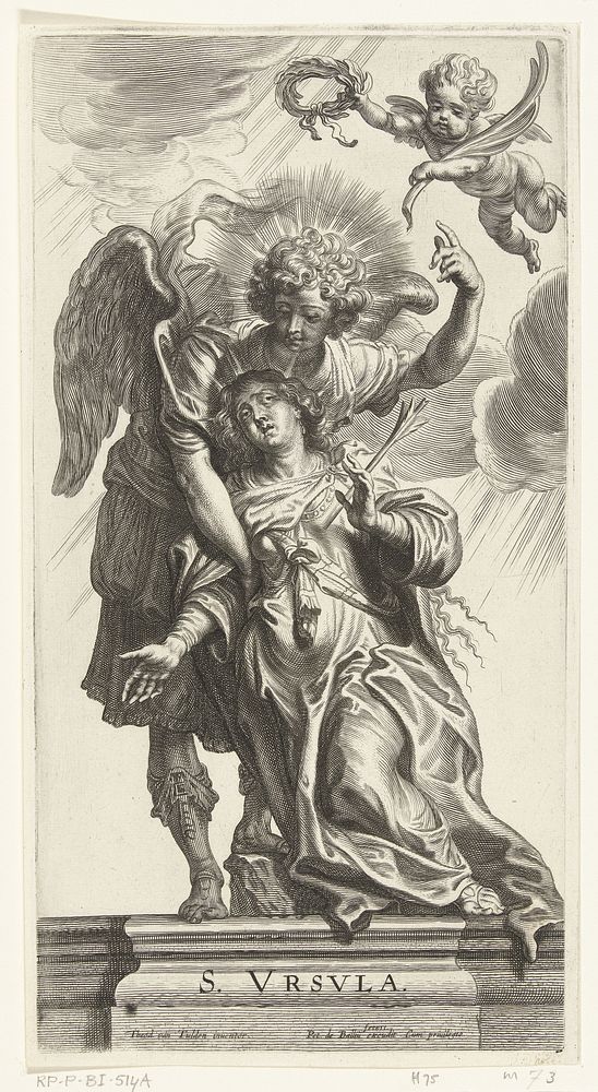 Martelaarschap van heilige Ursula met pijl in haar borst en ondersteund door engel (1623 - 1660) by Pieter de Bailliu I…