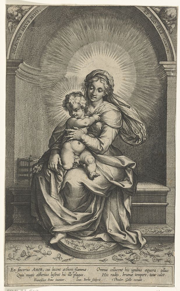 Tronende Maria met Kind en kleine vogel op schoot in nis (1588 - 1648) by Jan Baptist Barbé, Frans Francken and Theodoor…