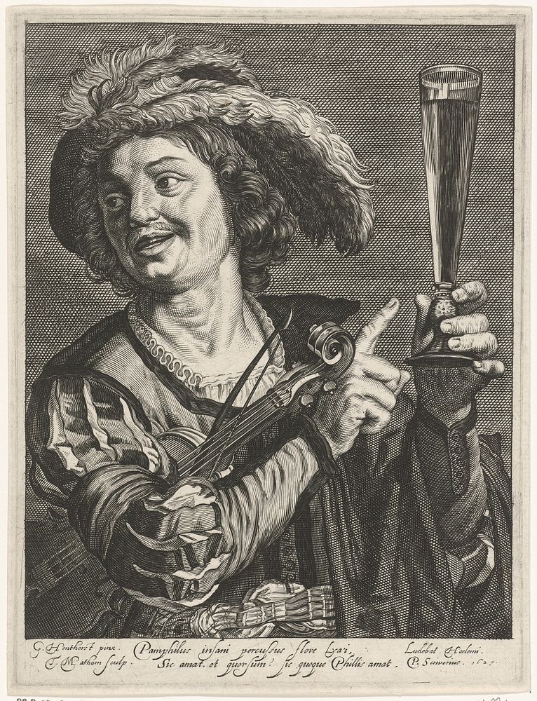 Man wijst naar glas in linkerhand (1627) by Theodor Matham, Gerard van Honthorst and Petrus Scriverius
