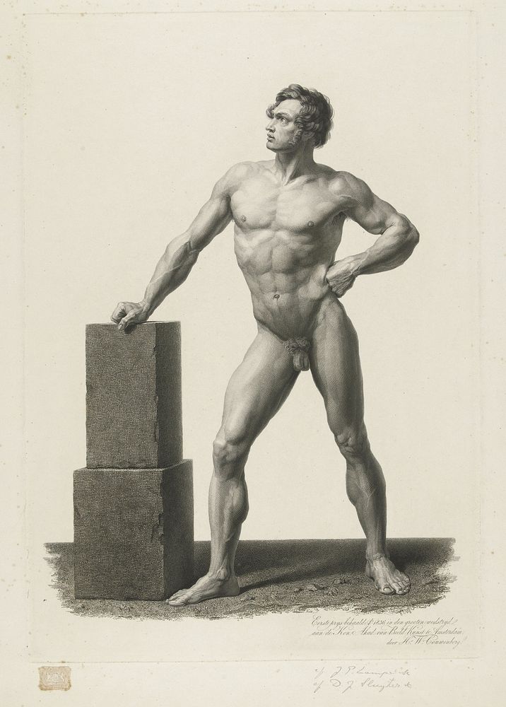 Naakte man, met de rechterhand op een stenen blok leunend (1836) by Henricus Wilhelmus Couwenberg and Frans Buffa en Zonen