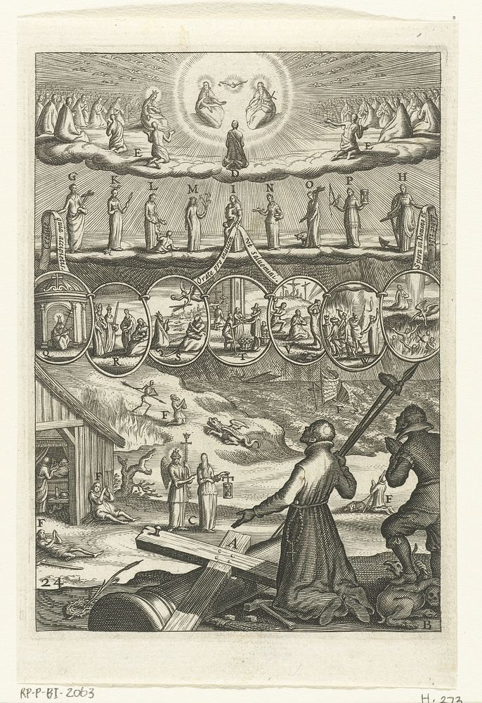 Embleem met geestelijke en man die tot God en de heiligen bidden met hun verzoek om in deugd te mogen leven (1620) by…