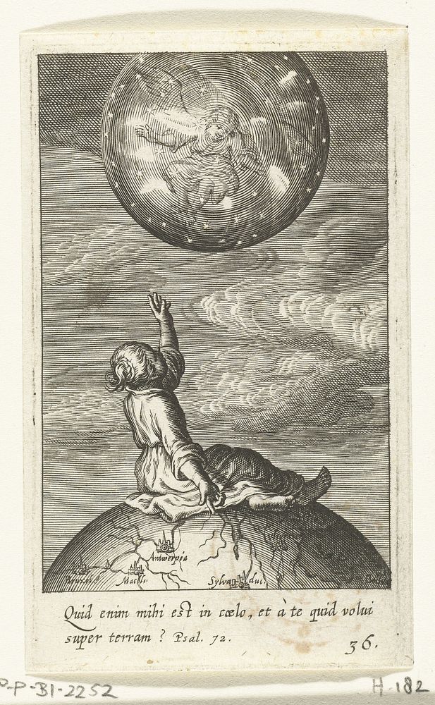 Kind zittend op wereldbol kijkt naar engel op sterrenglobe (1624) by Boëtius Adamsz Bolswert, Boëtius Adamsz Bolswert and…