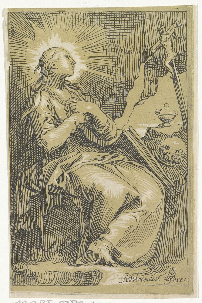 Boetvaardige Maria Magdalena in de grot voor crucifix (c. 1610 - c. 1615) by Boëtius Adamsz Bolswert and Abraham Bloemaert