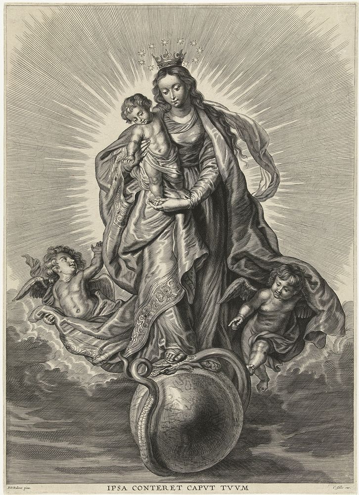 Maria met kind op wereldbol, de duivel vertrappend (1596 - 1709) by anonymous, Schelte Adamsz Bolswert, Peter Paul Rubens…