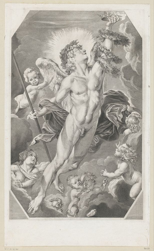 Naakte engel met kransen en kroon omringd door putti (1757) by Claude Donat Jardinier, Annibale Carracci and Stefano Torelli