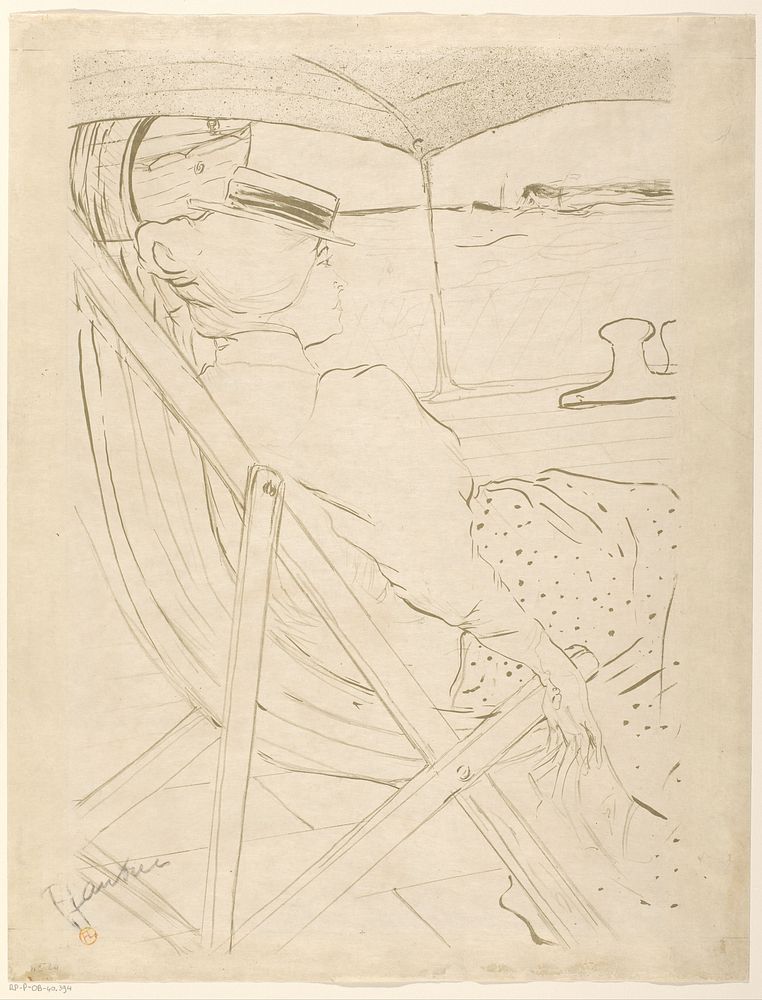 Vrouw in een strandstoel op het dek van een schip (1895) by Henri de Toulouse Lautrec and La Plume
