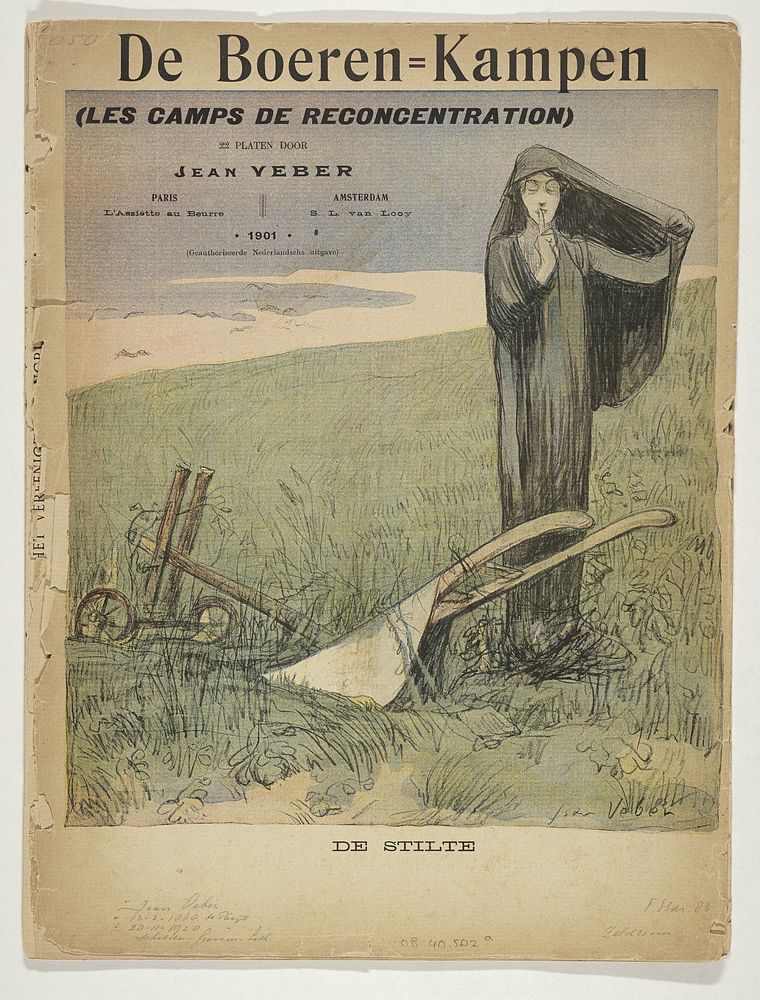 Gesluierde vrouw (de Dood) gebaart om stilte naast een ploeg (1901) by anonymous, Jean Veber, Samuel Sigismond Schwarz and S…