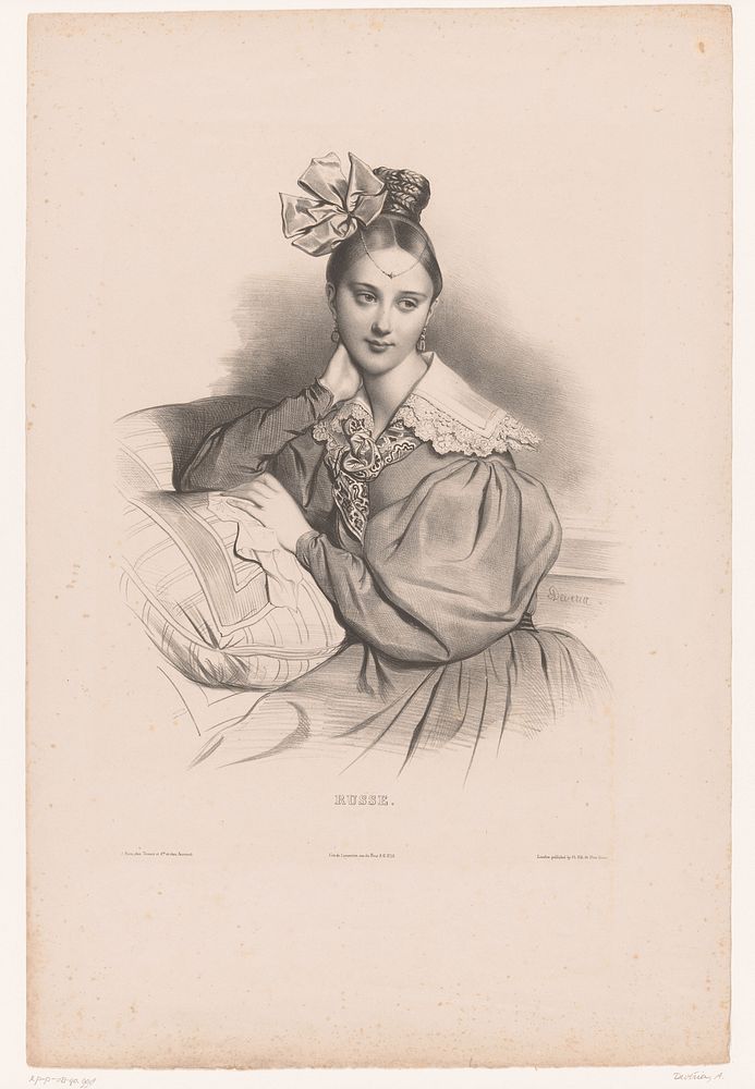 Portret van een jonge Russische vrouw (1831) by Achille Devéria, Joseph Rose Lemercier, Tessari and Cie, Aumont and Cie and…