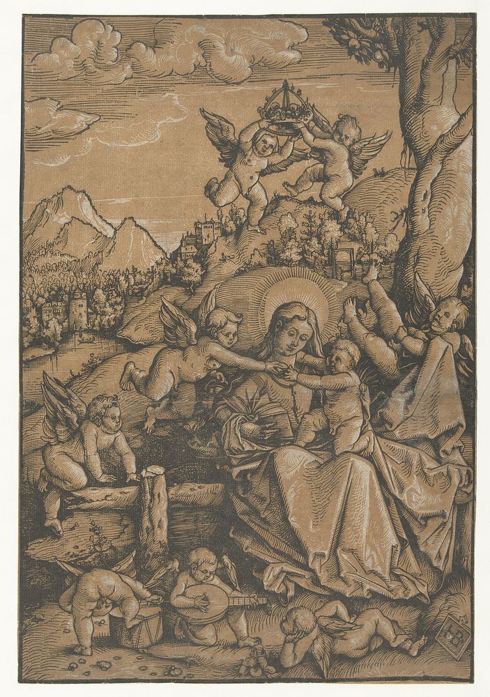 Maria met kind met acht engeltjes in een landschap (1509 - 1513) by Hans Baldung Grien