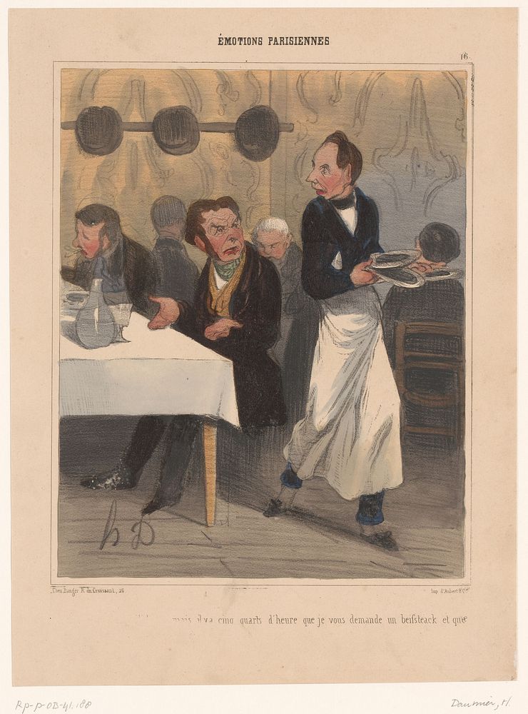 Man in restaurant beklaagt zich bij ober (1839) by Honoré Daumier, Aubert and Cie and Bauger