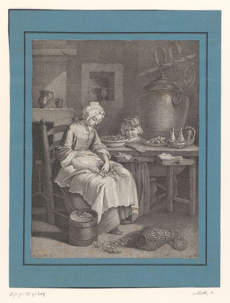 Keukeninterieur met vrouw en kind (1836 - c. 1869) by Alexandre Collette