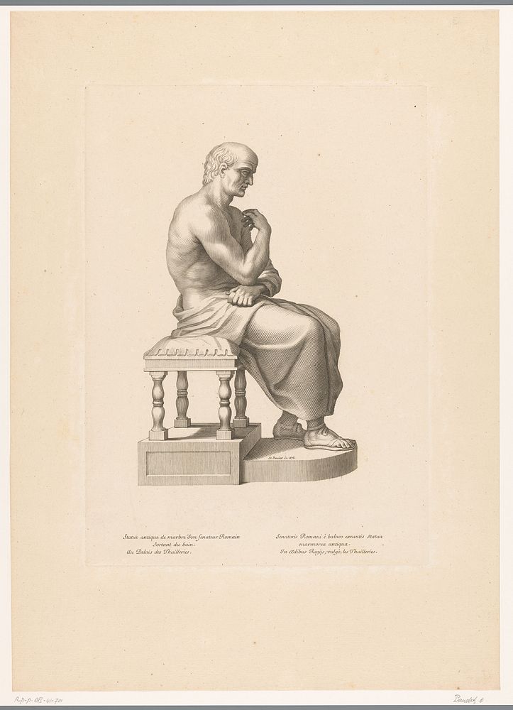 Antiek standbeeld van Romeins senator na het baden (1678) by Etienne Baudet