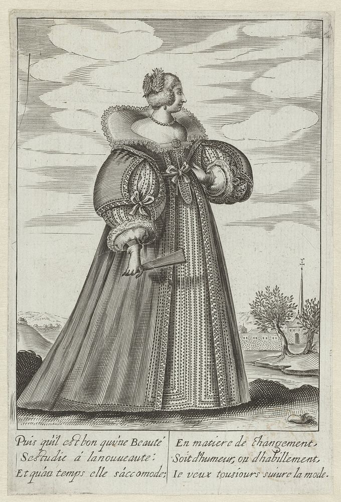 Franse hofdame in een landschap (c. 1630) by Isaac Briot and Jean de Saint Igny
