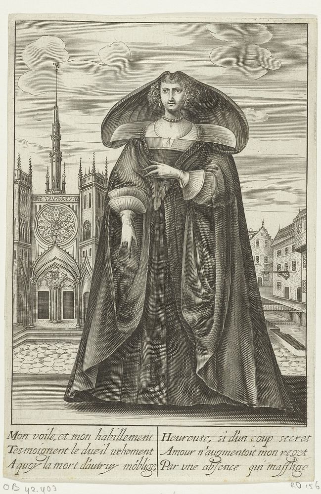 Franse dame in rouwkleding op een plein (c. 1630) by Isaac Briot and Jean de Saint Igny