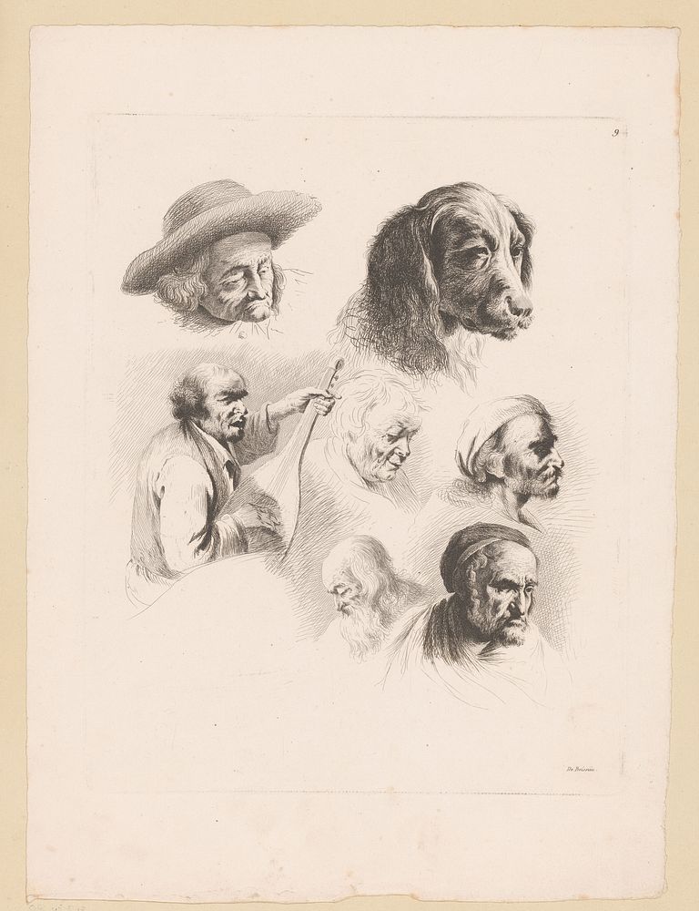 Compositie met zes hoofden van verschillende mannen en de kop van een hond (1805 - 1844) by Ignace Joseph de Claussin and…
