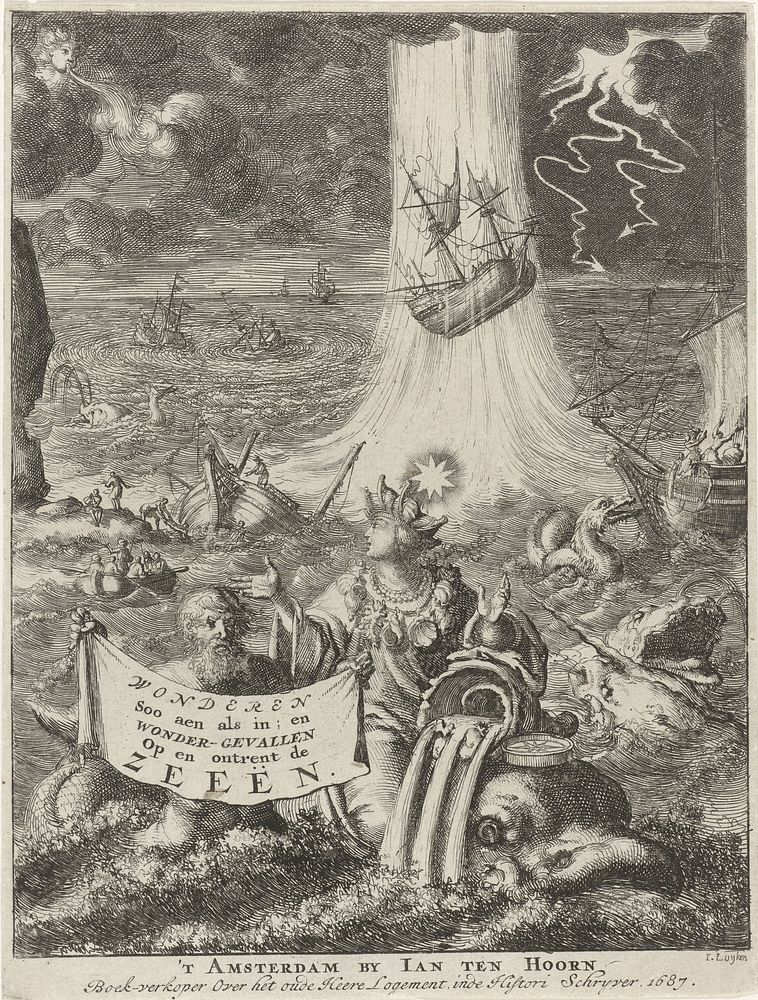 Allegorische vrouwenfiguur met scheepskroon en een Triton op woeste zee (1687) by Jan Luyken and Jan Claesz ten Hoorn