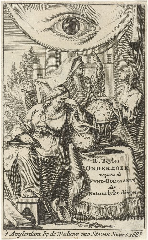 Filosofie schrijft al steunend op een globe in een boek (1688) by Jan Luyken and weduwe Steven Swart