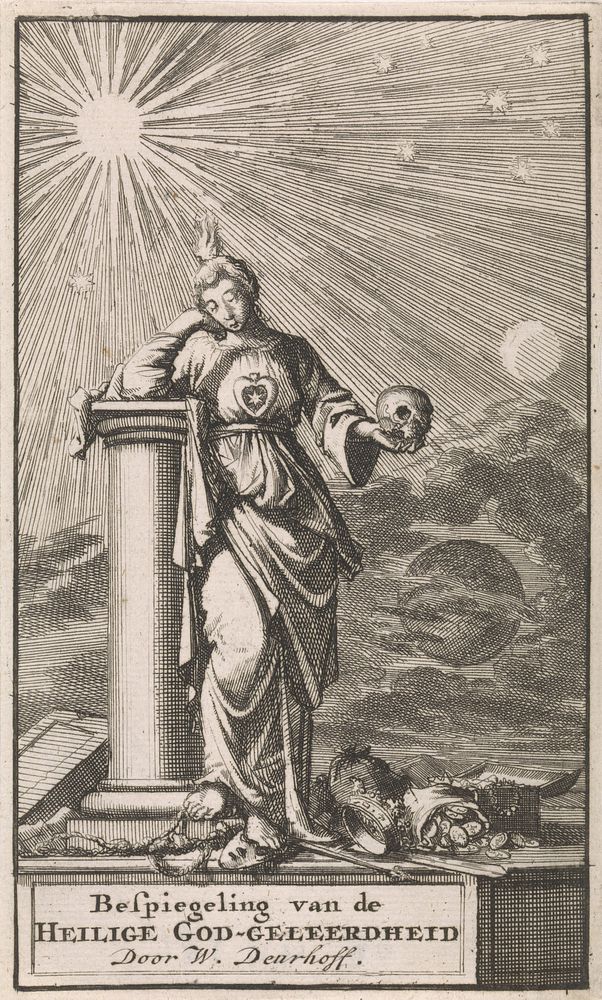 Geloof steunend op een pilaar met een schedel in haar handen (1697) by Jan Luyken and Jan Claesz ten Hoorn