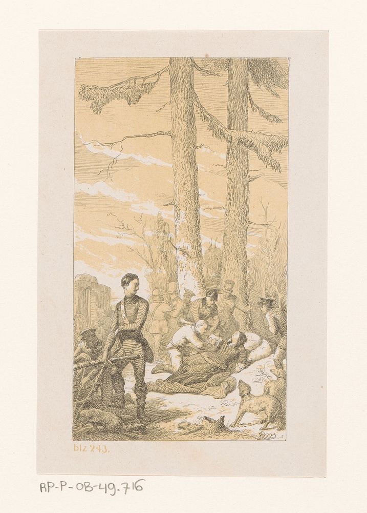 Soldaten ontfermen zich over een gewonde vrouw (1830 - 1885) by Johan Bernhard Wittkamp