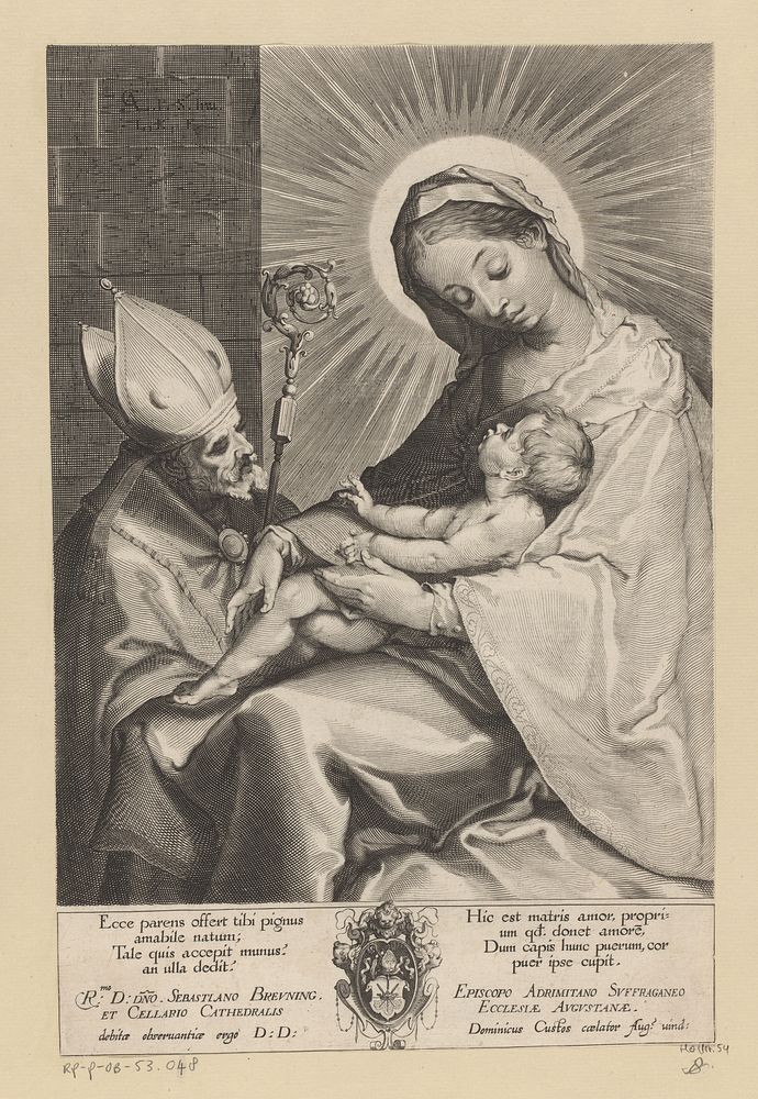 Maria met kind aanbeden door een bisschop (1589 - 1615) by Lucas Kilian, Alessandro Casolani, anonymous, Dominicus Custos…