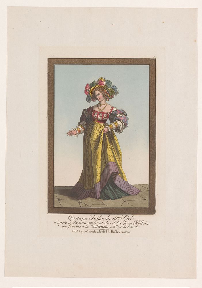 Dame met hoed met veren, haar rok iets oplichtend (1790) by Johann Rudolph Schellenberg, Hans Holbein II and Christian von…
