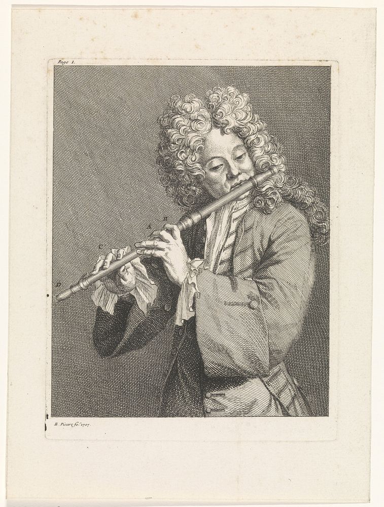 Man bespeelt dwarsfluit (1707) by Bernard Picart
