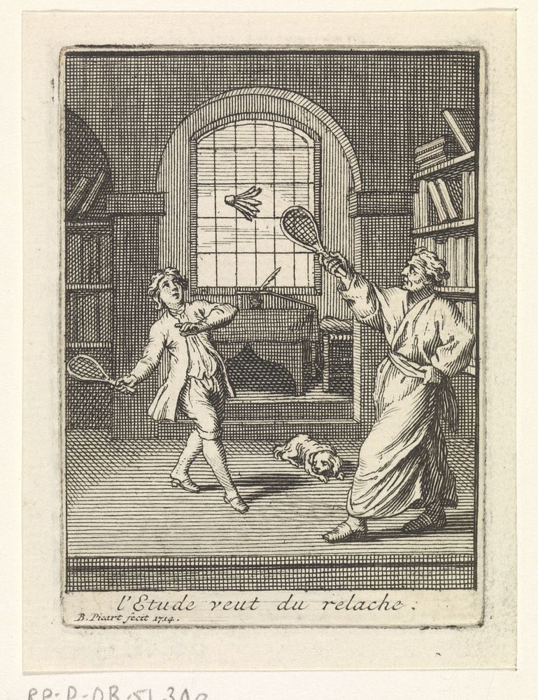 Een leraar speelt badminton met zijn leerling (1714) by Bernard Picart and Gerard de Lairesse