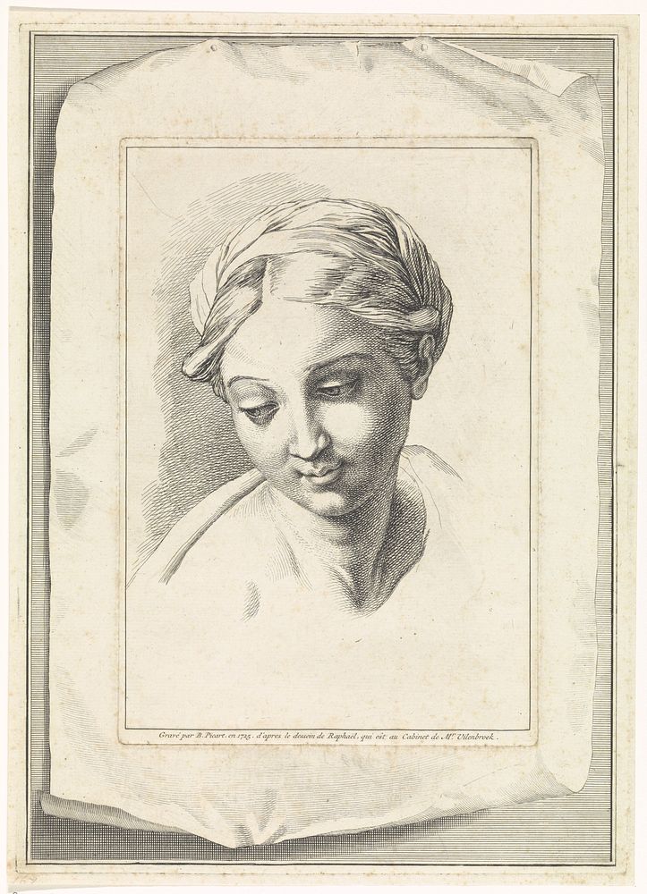 Studie van een vrouwenhoofd, ogen neergeslagen (1725) by Bernard Picart and Rafaël