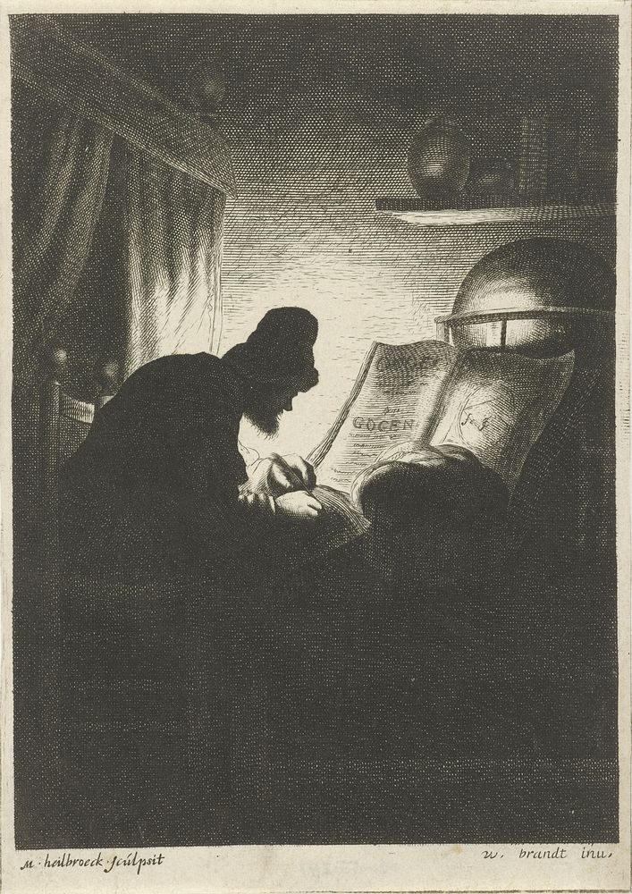 Schrijvende man bij kaarslicht (1645 - 1733) by Michael Heylbroeck and W Brandt