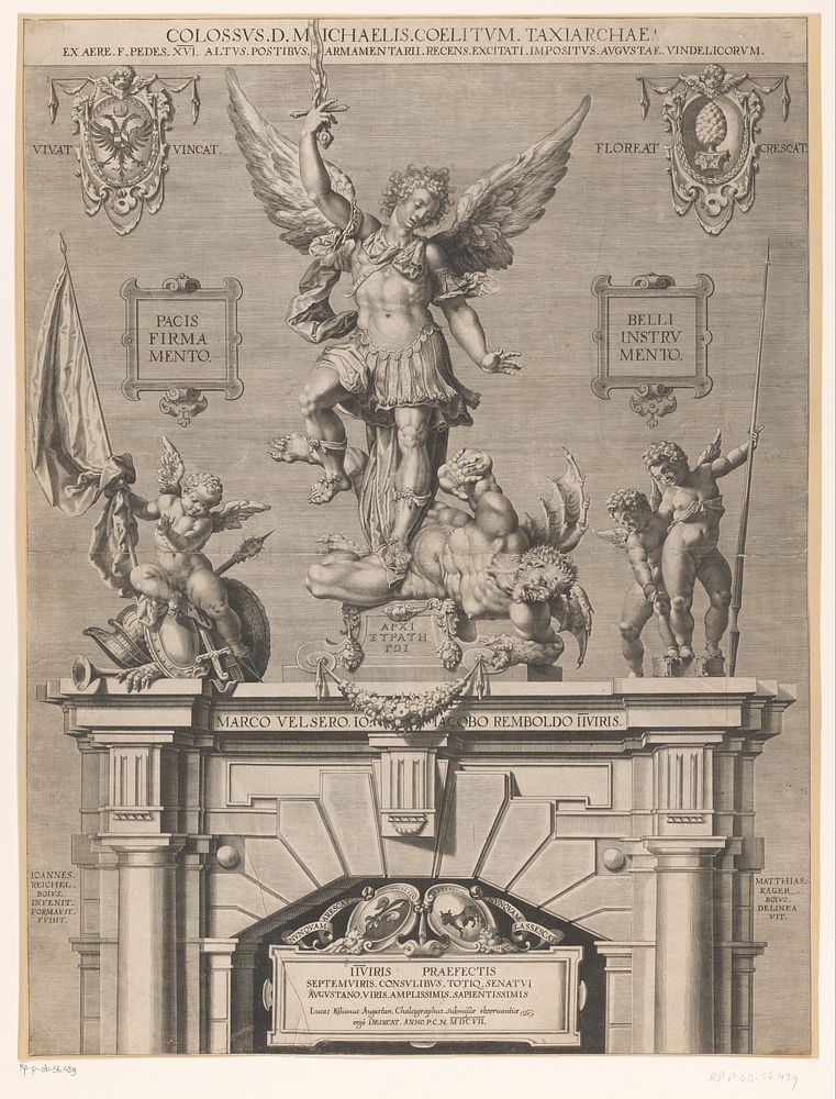 Sculptuur van de aartsengel Michaël boven de ingang van het arsenaal in Augsburg (1607) by Lucas Kilian, Hans Reichle…