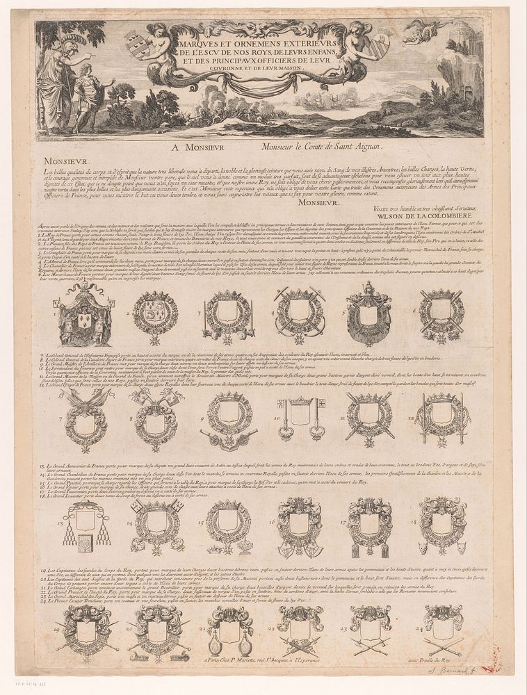 Merktekens en ornamenten op de schilden van de koningen (1645) by Samuel Bernard, Pierre Mariette I, Lodewijk XIV koning van…