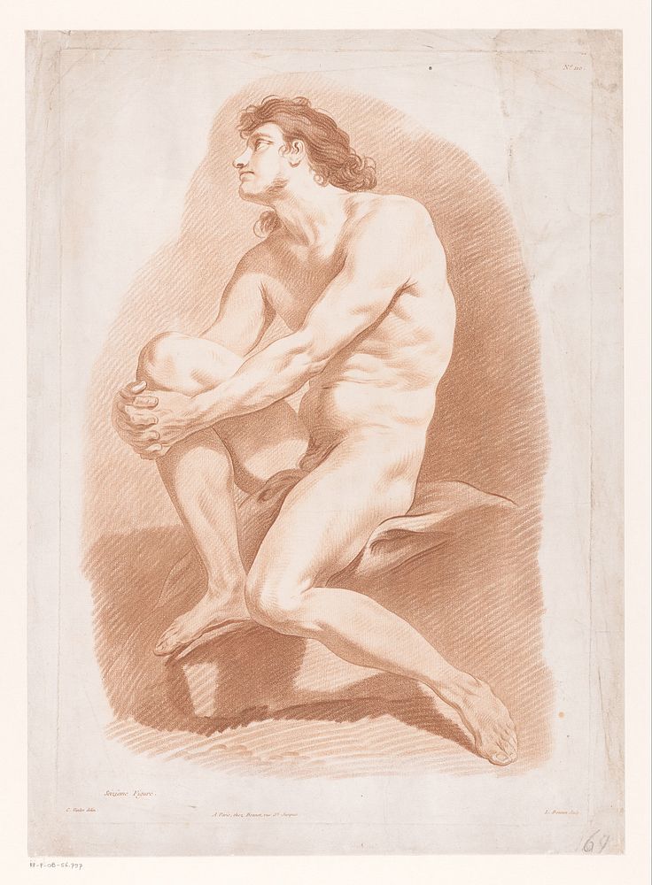 Zittende naakte man met handen om zijn knie gevouwen (1746 - 1793) by Louis Marin Bonnet, Van Loo and Louis Marin Bonnet