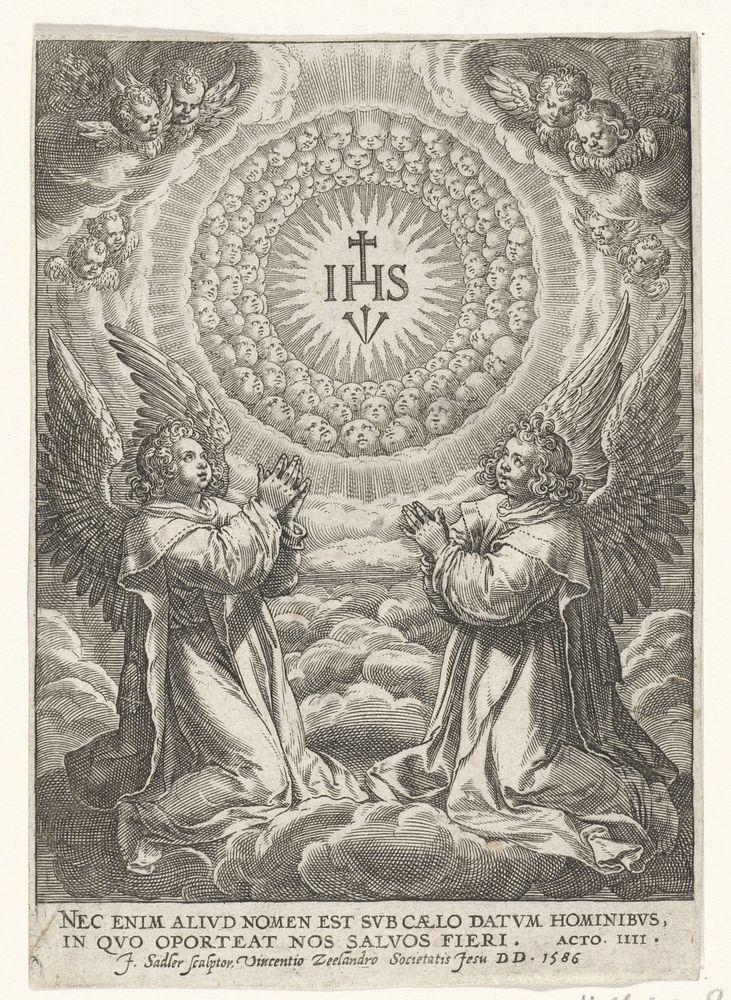 Engelen aanbidden het monogram van Christus (1586) by Johann Sadeler I and Vincent Zeelander