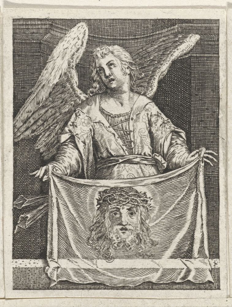 Engel met de zweetdoek van Veronica (1580 - 1600) by Johann Sadeler I and Aegidius Sadeler II