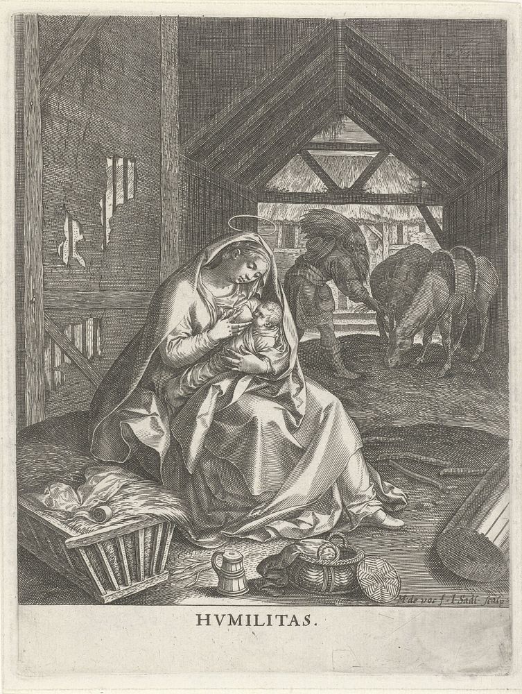 Maria voedt het Christuskind: nederigheid (1585 - 1588) by Johann Sadeler I, Maerten de Vos and Johann Sadeler I