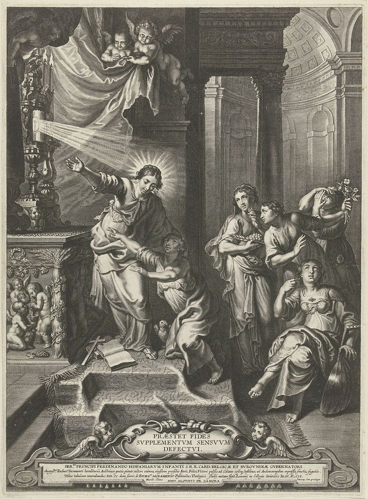 Het effect van het geloof op de zintuigen (in or after 1638 - 1650) by Cornelis Galle I, Erasmus Quellinus II, landvoogd der…