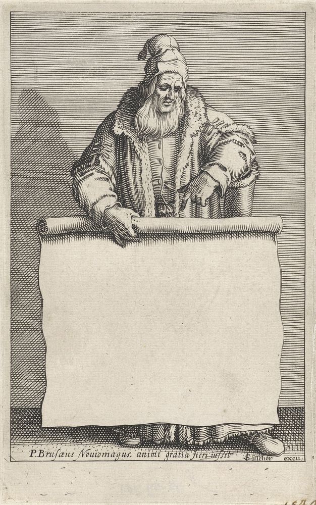 Oude man met rol papier (1601 - 1657) by Pieter Serwouters, Claes Jansz Visscher II and P Brusaeus Noviomagus