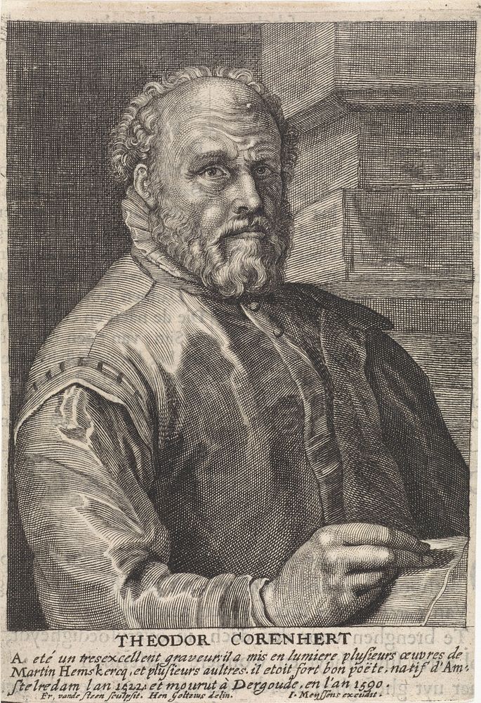 Portret van Dirck Volckertsz. Coornhert (1662) by Franciscus van der Steen, Hendrick Goltzius and Joannes Meyssens