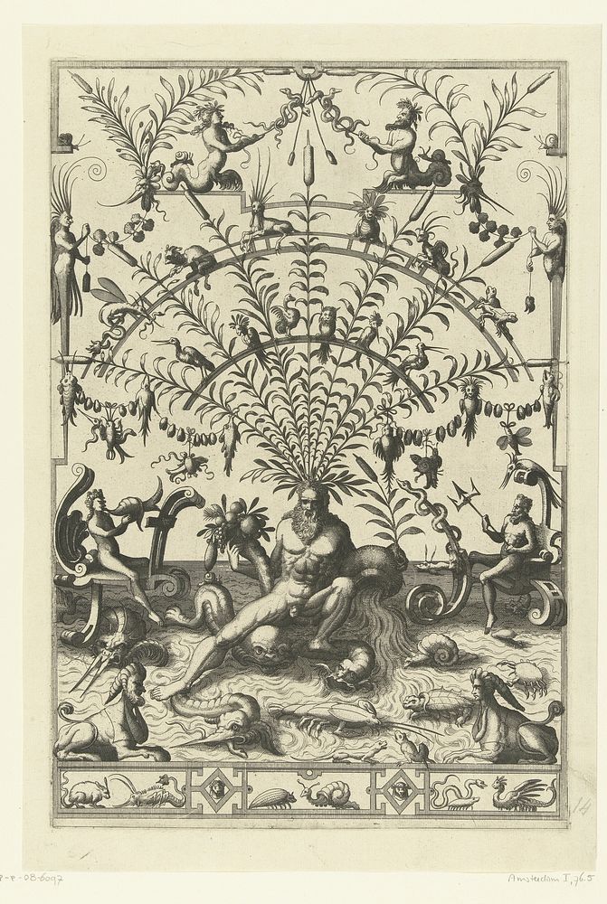 Vlakdecoratie: fries met dieren en stroomgod (1557) by Johannes of Lucas van Doetechum, Cornelis Floris II and Hieronymus…