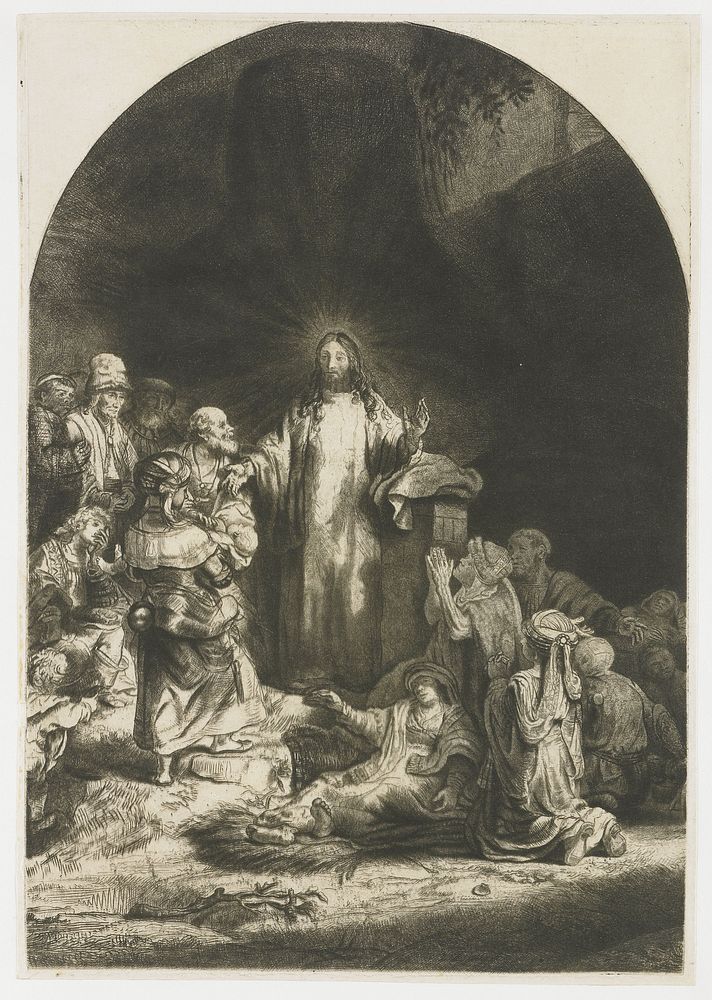 The Hundred Guilder Print: the central piece with Christ preaching, the plate arched (1775 - 1800) by Rembrandt van Rijn…