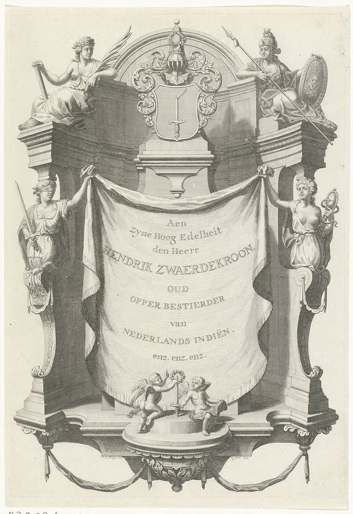 Vignet met wapenschild van Hendrik Zwaerdekroon (1727) by Jan Caspar Philips, Jan Caspar Philips and Henricus Zwaardecroon