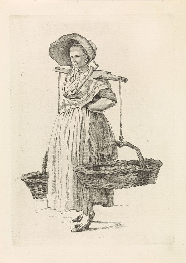 Eierverkoopster met twee manden aan een juk (1818 - 1833) by Mathias de Sallieth, Jacob Perkois and Johannes Huibert Prins