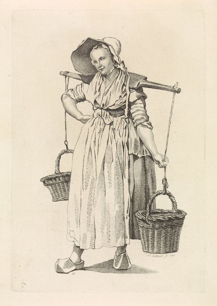 Boerenvrouw met twee manden aan een juk (1818 - 1833) by Mathias de Sallieth, Jacob Perkois, Johannes Huibert Prins and…