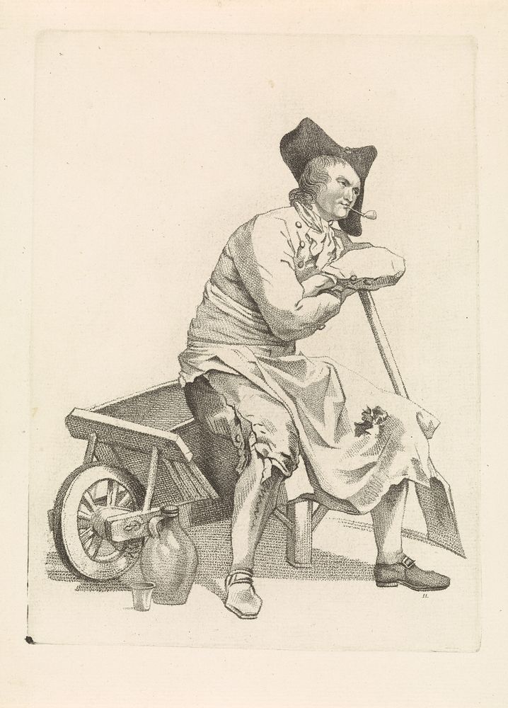 Man zittend op de rand van een kruiwagen (1818 - 1833) by Mathias de Sallieth, Jacob Perkois and Johannes Huibert Prins