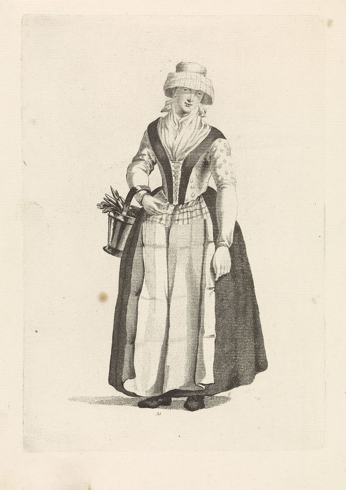 Vrouw met hoed en emmer aan de arm (1818 - 1833) by Mathias de Sallieth, Jacob Perkois and Johannes Huibert Prins