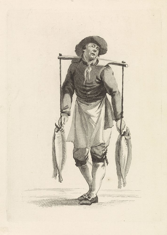 Visverkoper draagt vissen aan een juk (1818 - 1833) by Mathias de Sallieth, Jacob Perkois and Johannes Huibert Prins