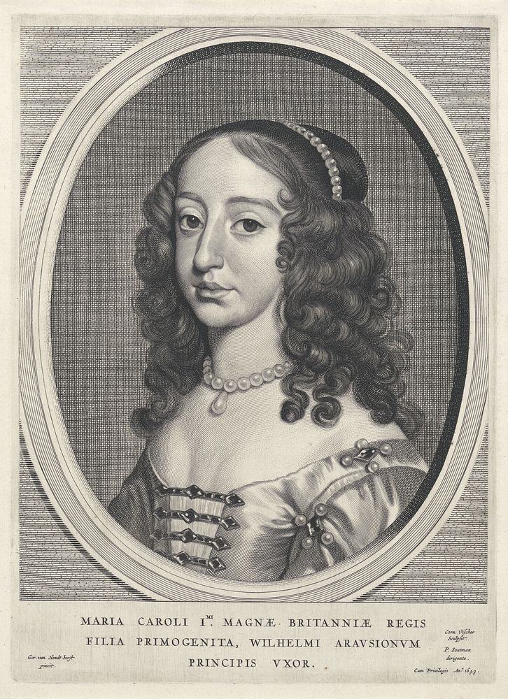 Portret van Maria Henrietta Stuart, prinses van Oranje (1649) by Cornelis Visscher II, Gerard van Honthorst, Pieter Claesz…