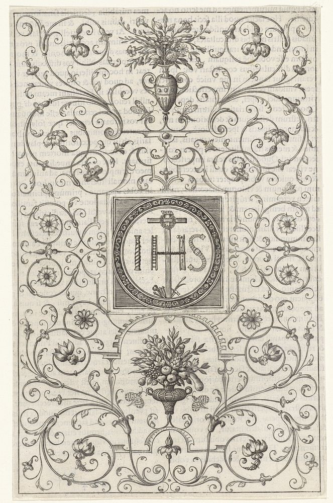 Ornament met het monogram van Christus en bloemen in vazen (1594) by Wierix